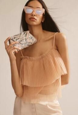 Anthropologie Pleated Tulle Tank in Peachy Pink Balletcore Whimsical Size Medium